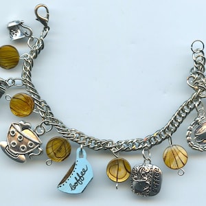 Coffee Lovers Charm Bracelet Made With Coffee Cup Charms and Brown Mother of Pearl Swirl Beads