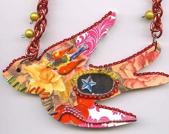 Glitter Bird Collage Jewelry Ornate  Bird Pendant or Art Piece to Wear