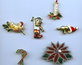 VintageChristmas Brooches Set of 6 Dogs Candy Canes Candle Birds