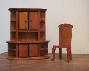 Vintage Dollhouse Miniature Wood Cabinet and Chair for Doll's House or Assemblage