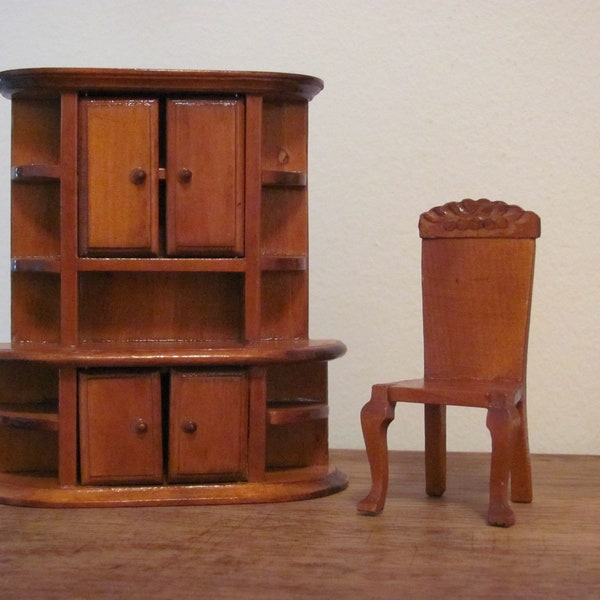 Vintage Dollhouse Miniature Wood Cabinet and Chair for Doll's House or Assemblage