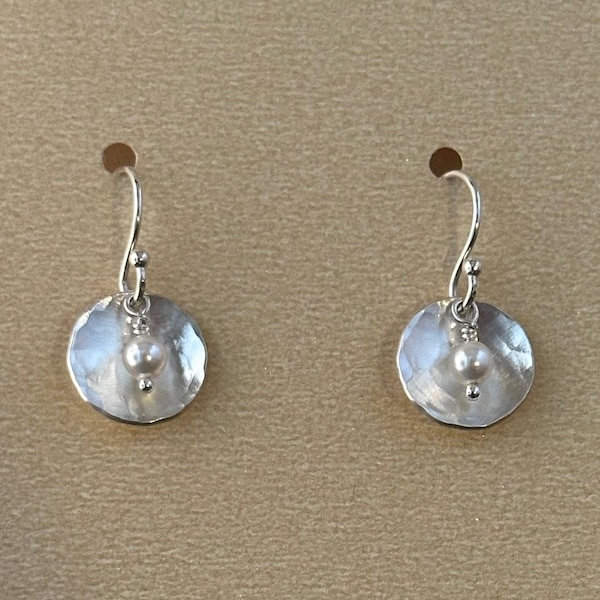 Hammered Sterling Silver Pearl Earrings: Cupped Satin Finish