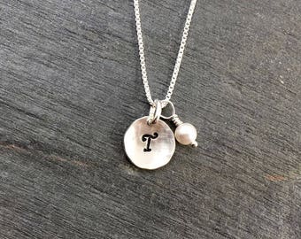 Single Initial Charm Necklace - hand stamped letter pendant sterling silver necklace