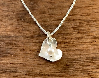 Silver Cupped Heart Necklace with pearl - Minimalist heart necklace