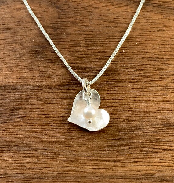 Silver Cupped Heart Necklace With Pearl Minimalist Heart | Etsy