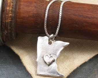 Minnesota Jewelry/ Minnesota Necklace/ MN Love/ Minnesota Love Necklace/ MN Pride/ Silver State Necklace