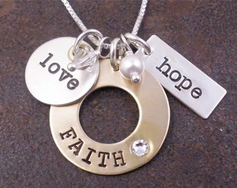 Faith Hope Love, Mixed metal, Collage Style Necklace, Hand Stamped, Sterling Silver and Brass, Silver and Brass, Christian Jewelry