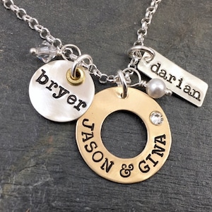 Custom Charm Necklace - Family Necklace/ Mixed Metal Necklace/ Hand Stamped/ Personalized Jewelry/ Gift for Mom/ Collage Charm