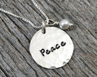 Hand Stamped Peace Necklace on Hammered Sterling Disc