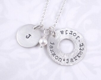 Sterling Silver Washer Necklace with Children's names and pearl