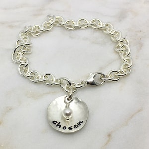 Hand Stamped &#39;Chosen&#39; Sterling Silver Adoption Bracelet with Pearl