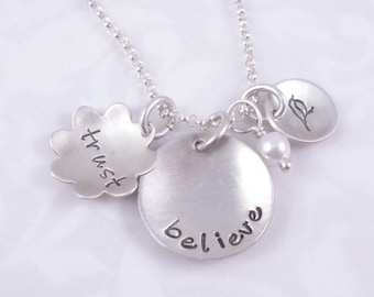 Believe and Trust Cupped Sterling Silver Charm Necklace with Pearl on Sterling Chain