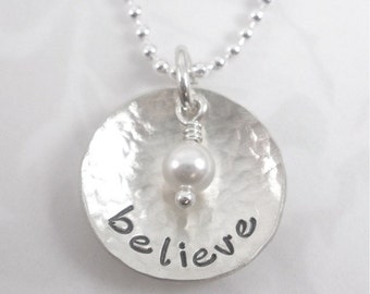 Hand Stamped Necklace on Hammered Sterling Disc - believe on sterling chain