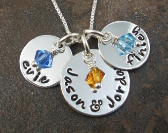 Family Necklace - hand stamped sterling silver charms with birthstone beads