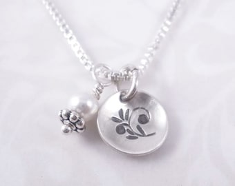 Hand stamped necklace with pearl bead on sterling box chain