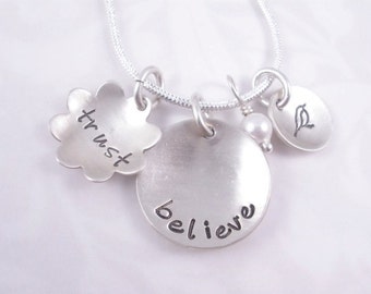 Believe and Trust Cupped Sterling Silver Charm Necklace with Pearl