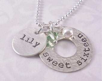 SWEET SIXTEEN - hand stamped sterling name and birthstone bead with pearl necklace