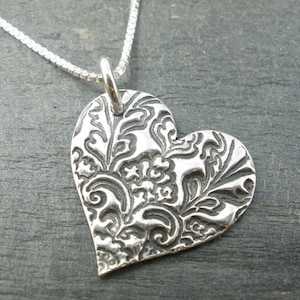 Embossed Heart Pure Silver necklace  - Metal Clay Jewelry - Coquette style