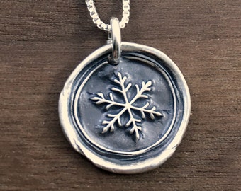 Pure Silver Snowflake Necklace: Oxidized Wax Seal Charm