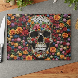 Floral Skull Glass Charcuterie Cutting Board, Kitchen Decor, Chef Cheese Display Unique Housewarming, Colorful Home Accent, Floral Art