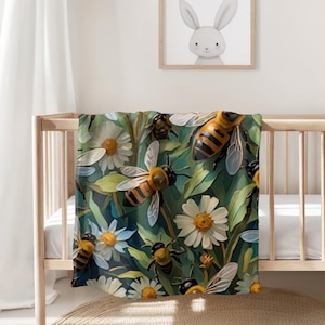 Bees & Flowers Velveteen Plush Blanket - Cozy Gift for Nature Lovers, Home Decor, Picnic Blanket, Nursery, Baby Shower, Kid Child Baby Teen