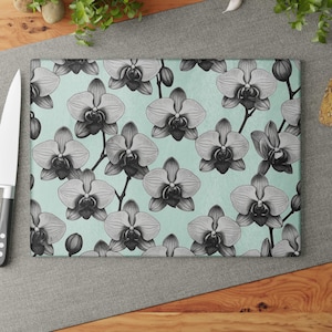 Elegant Orchid Glass Charcuterie Cutting Board, Kitchen Decor, Floral Serving Tray, Unique Gift for Home, Cooking Enthusiasts, Wedding Gift