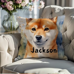 Shiba Inu Watercolor Spun Polyester Square Pillow, Dog Pet Lover, Personalized Name Pillow, Cute Dog Decor, Customizable Custom Dog Mama