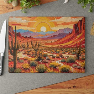 Desert Sunset Glass Cutting Board, Kitchen Decor, Housewarming Sunrise,, Elegant Cooking Accessory, Unique Gift for Chefs, Southwest Style