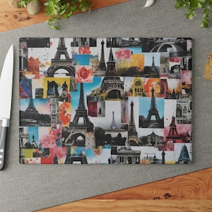 Paris France Collage Glass Cutting Board, Eiffel Tower Design, Serving Decor, Baker Chopping Board, Paris City Wedding House Warm Gear