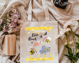 Bee Happy Borsa Tote In Tela – Shopping, Spiaggia, Palestra (Naturale, 41.5 X 37.5 Cm)