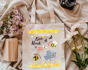 Bee Happy Borsa Tote In Tela – Shopping, Spiaggia, Palestra (Naturale, 41.5 X 37.5 Cm)