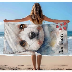 Personalized Custom Cute Bichon Frise Beach Towel, Fun Pet Valentine Love Gift, Customized Dog Pool Accessory, Summer Essential Mom Kid Baby