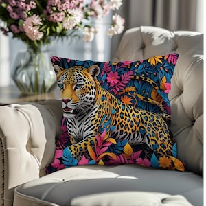 Square Pillow, Colorful Floral Leopard Print Cushion for Home Decor, Throw Sofa Pillow, Living Room Accent, Animal Nature Lover Gift,