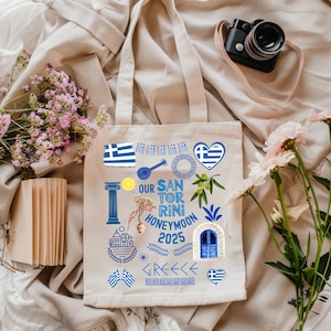 Personalized Santorini Honeymoon Cotton Canvas Tote Bag, Custom Greece Beach Tote, Vacation Tote, Bridal Shower Gift, Travel Bag, Souvenir