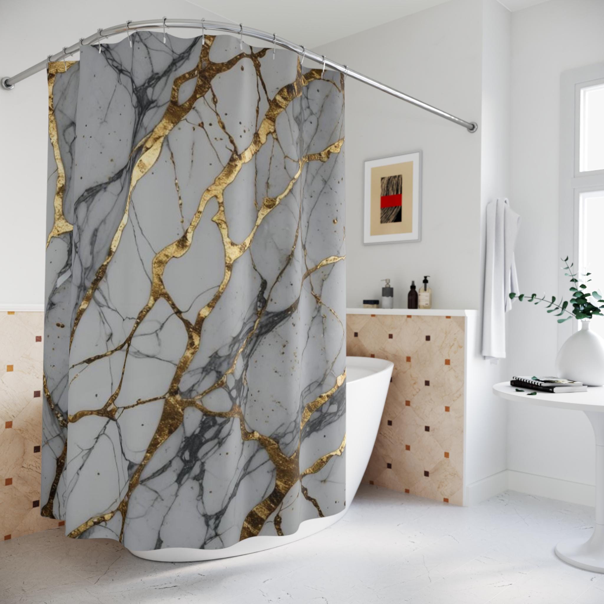 Erosebridal Marble Shower Curtain, Artwork Watercolor Stone Pattern Bathroom Shower Curtain Sets 72 W X 72 L,Gold Glitter Marbling Fabric Shower Curtain Metallic Marble Fluid Bathroom Accessories