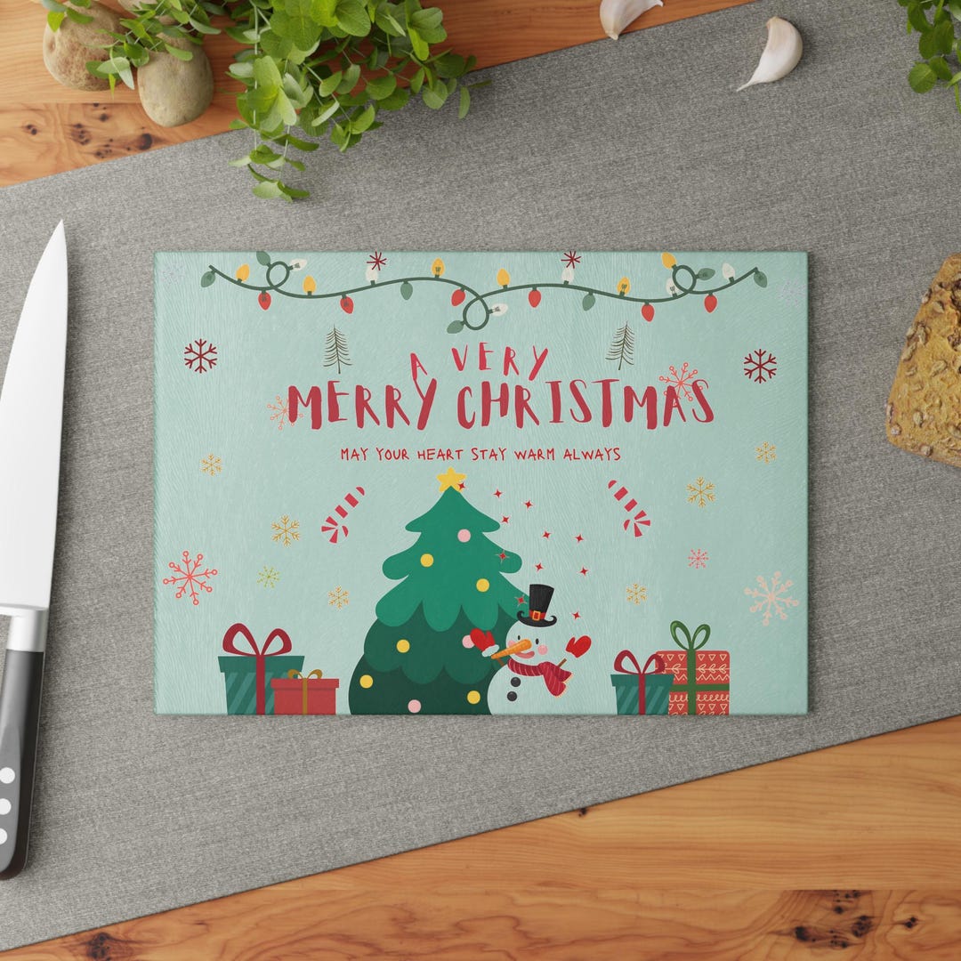 Festive Merry Christmas Snowman Glass Cutting Chopping Serving Board ...