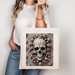 Gothic Blumen Schädel Einkaufstasche, Stilvolle wiederverwendbare Einkaufstasche, umweltfreundliches Geschenk, Halloween Accessoire, Boho Chic Geldbörse, Studenten Buchtasche