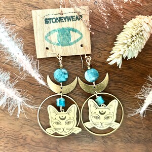 Adorable Celestial Cat Brass Earrings With Apatite Gemstones