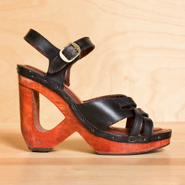 RESERVED RESERVED.....................Vintage QualiCraft black leather & wood cut-out platform wedge sandals. Size 6.5.