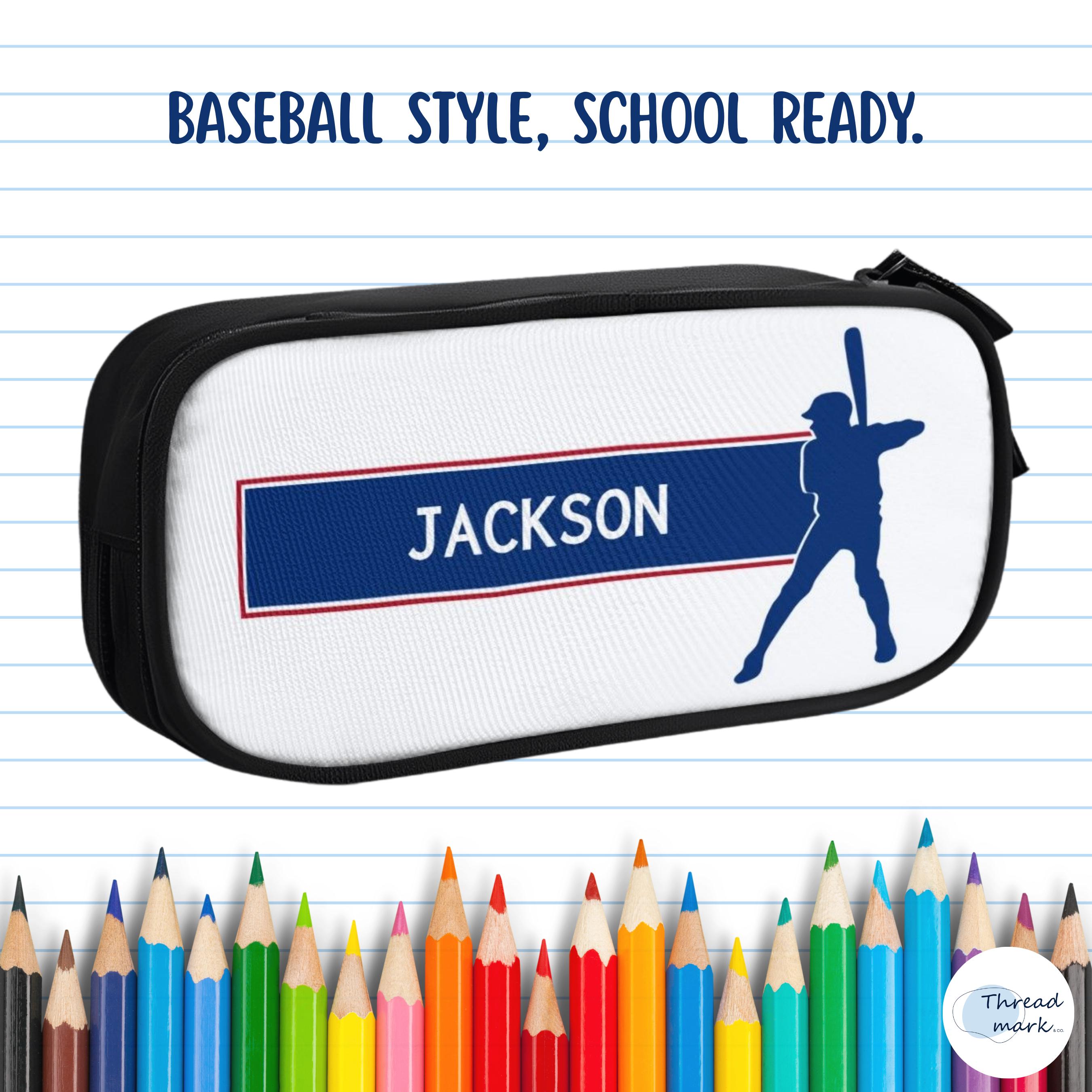 Personalized Baseball Pencil Organizer, Custom Name Case for Boys, 2 Zippered Compartments, Back to School Teen Gift