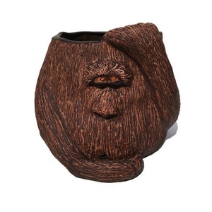 May include: A brown ceramic planter with a textured, hairy appearance, resembling a primate's face. The planter has a dark rim and a sculpted nose, mouth, and eyes. The design includes a hand covering the top of the head. The overall theme is a unique decorative item.