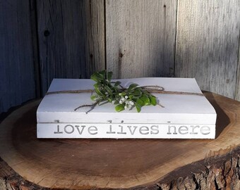 Love Lives Here | Farmhouse Book Stack | Valentine's Day Gift | Gift for Mom | Modern Farmhouse Decor | Stacked Books | Decorative Books