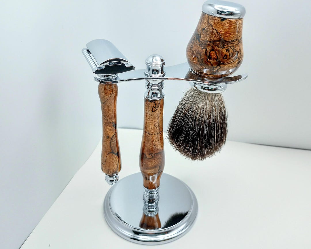 Maple Burl Razor & Brush Set 10 Blades Included Men's Shaving Kit Hand ...