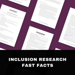 Puede incluir: Primer plano de un documento con el título "Inclusion Research Fast Facts" y el logotipo "Inclusive Action" en azul y blanco. El documento está sobre una superficie morada.