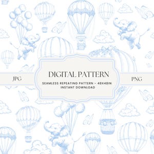 Toile de Jouy chinoiserie azul, patrón sin costuras para guardería, patrón para niños, descarga digital, globo aerostático en toile azul, elefantes en toile azul