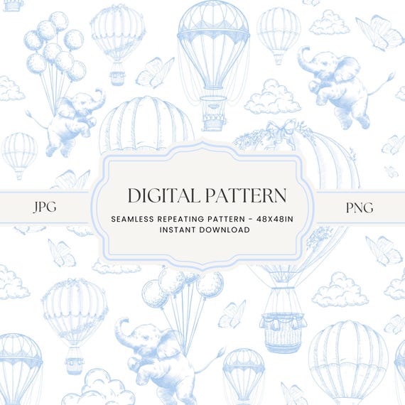 Blue Chinoiserie Toile de joy, Seamless Nursery Pattern, kids pattern, Blue toile Hot Air Balloons, Baby blue teddy bear, Elephants toile