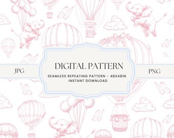 Pink Chinoiserie Toile de Jouy Seamless Pattern: Nursery Hot Air Balloons (Digital Download)