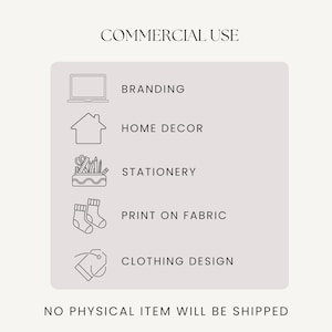 May include: A graphic showing different ways to use a digital design, including branding, home decor, stationery, printing on fabric, and clothing design. The text "COMMERCIAL USE" and "NO PHYSICAL ITEM WILL BE SHIPPED" is also included.