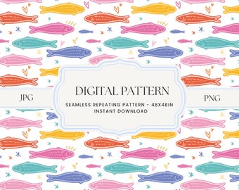 Bunte Sardine Musterdesign, Girly Sommer Muster, bunte Meer Druck, Dolce Vita Musterdesign, Sardinen Coquette Coastal, digital