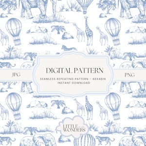Könnte beinhalten: Ein digitales Muster mit einem nahtlosen, sich wiederholenden Design von Safaritieren, Heißluftballons und Laub in Blau auf Weiß. Der Text "DIGITAL PATTERN" wird zusammen mit den Etiketten "JPG" und "PNG" angezeigt.